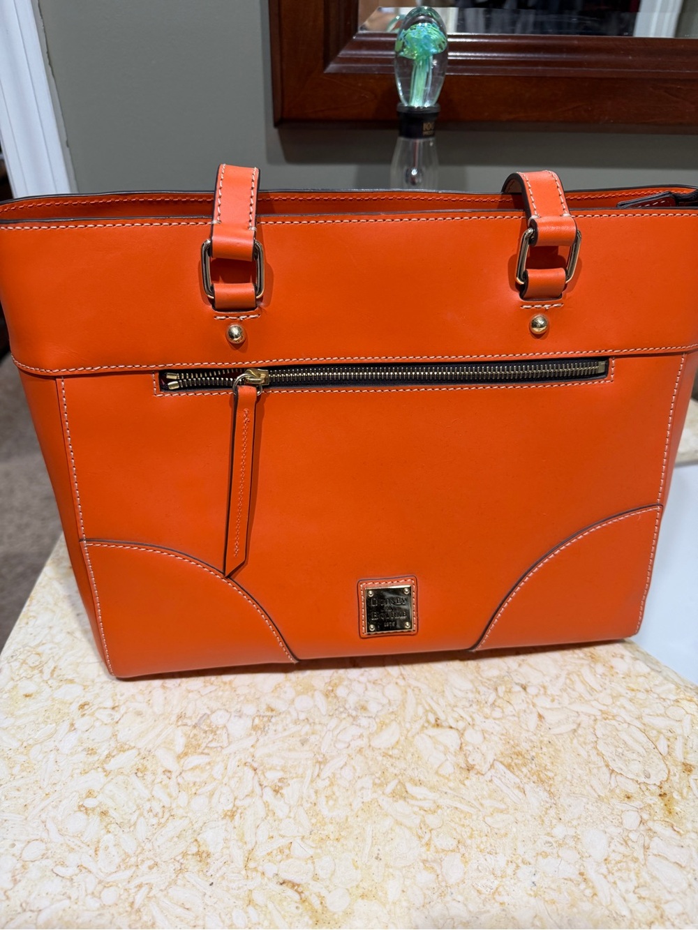 Dooney & Bourke Bright Orange Leather Tote with Front Zip